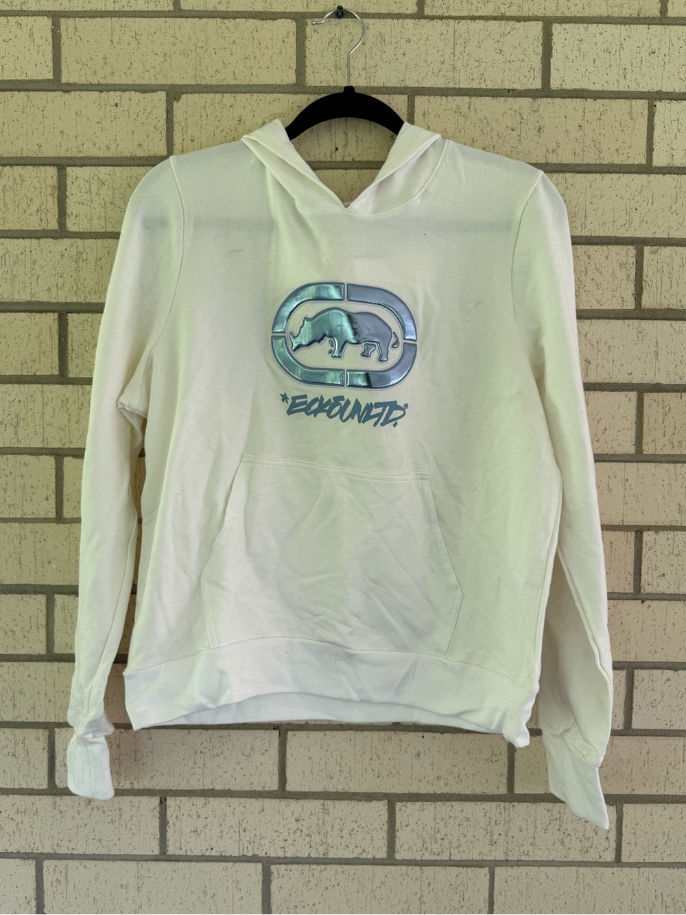 Ecko Unlimited White Crewneck Hoodie with Metallic Aqua Logo